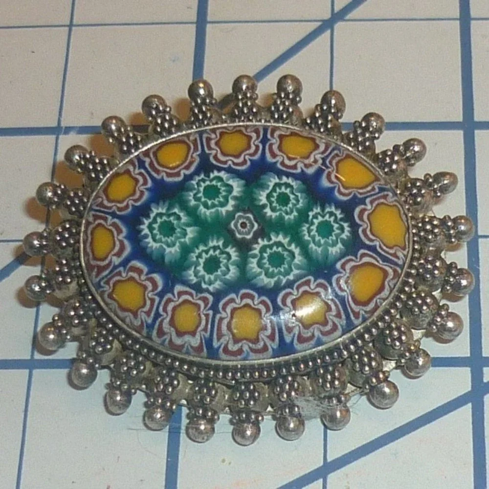 Unbranded Brooch Sterling Silver Millefiori Glass Mosaic Floral Italian 925 Blue